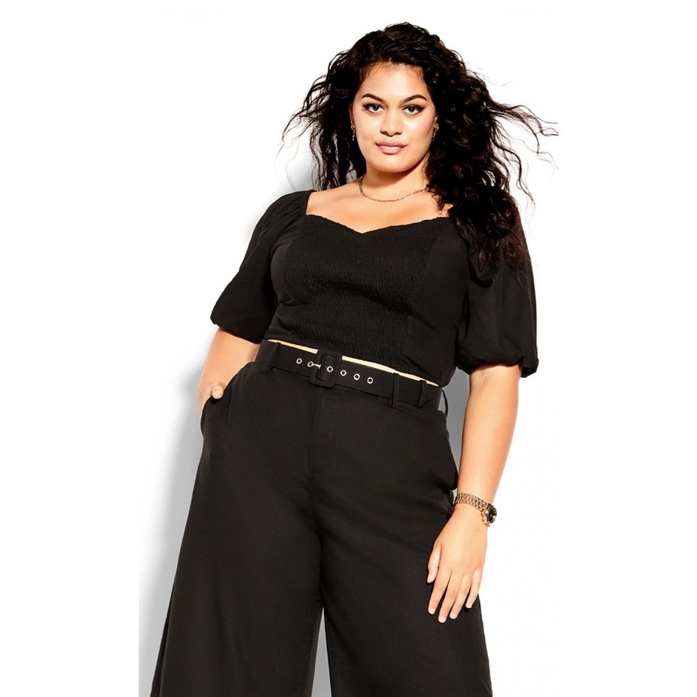 NEW City Chic Black Shirred Dreams Linen-Cotton Smocked Cropped Top Size 20